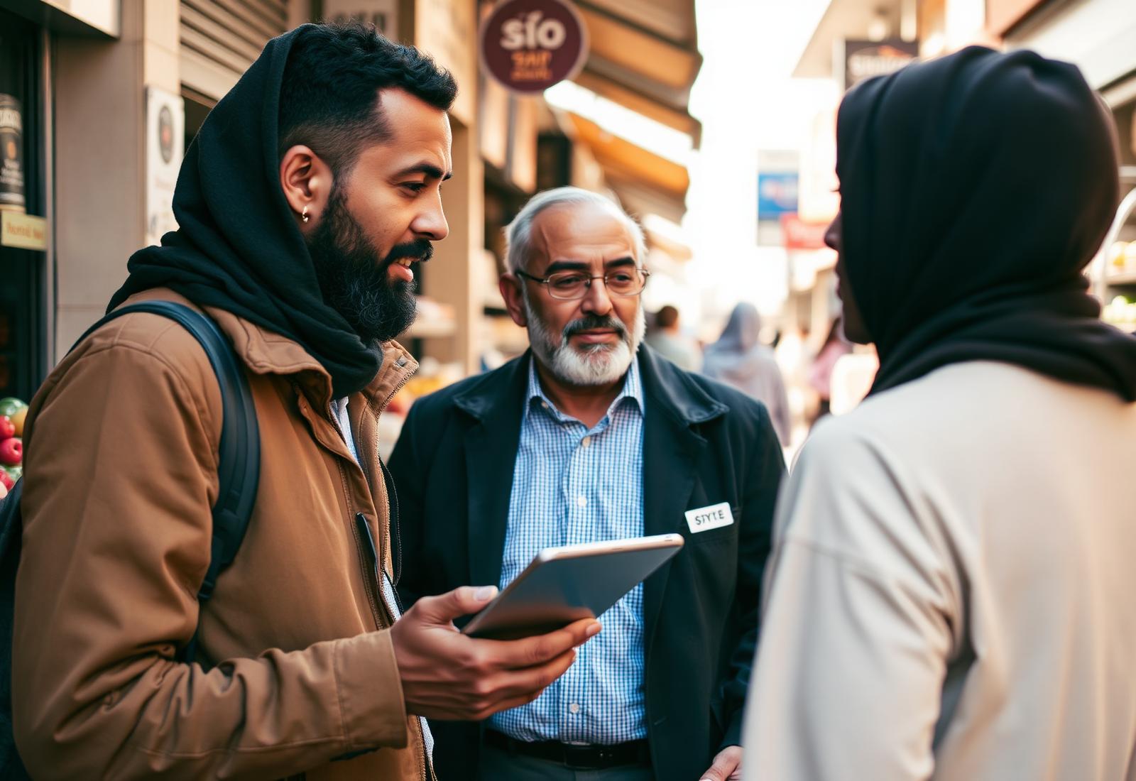 Field researcher conducting a street-intercept interview in a MENA marketplace